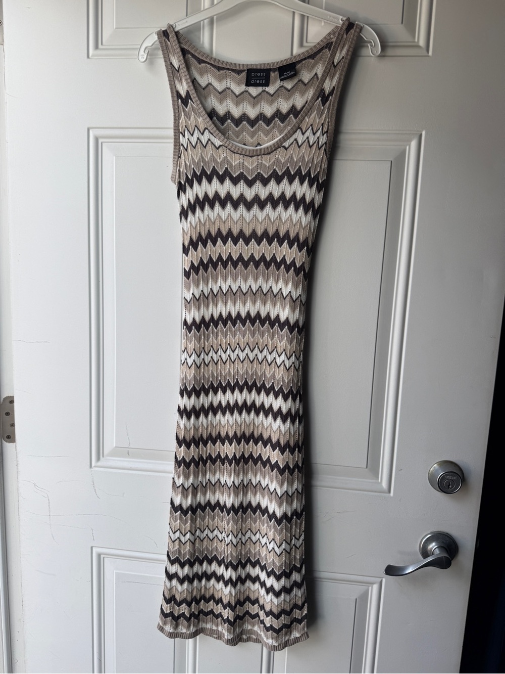 Missoni-Inspired Sleeveless Chevron Knit Dress in Beige and Brown
